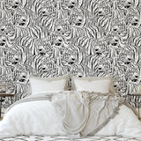 Raja Wallpaper by Wall Blush SG02 in a stylish bedroom, featuring bold tiger pattern design as focal point.
