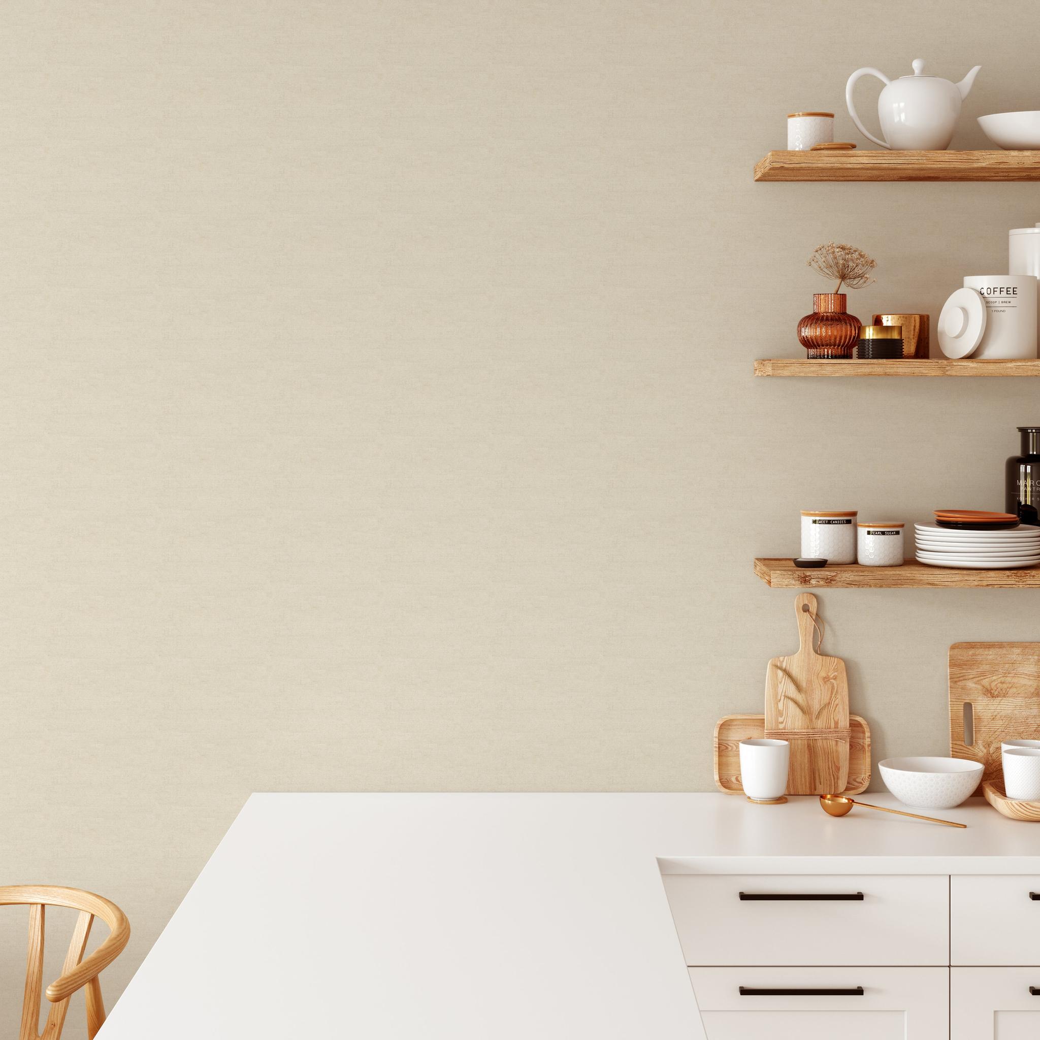 "Wall Blush's Carefree (Beige) Wallpaper enriching kitchen walls with a sleek and modern look."