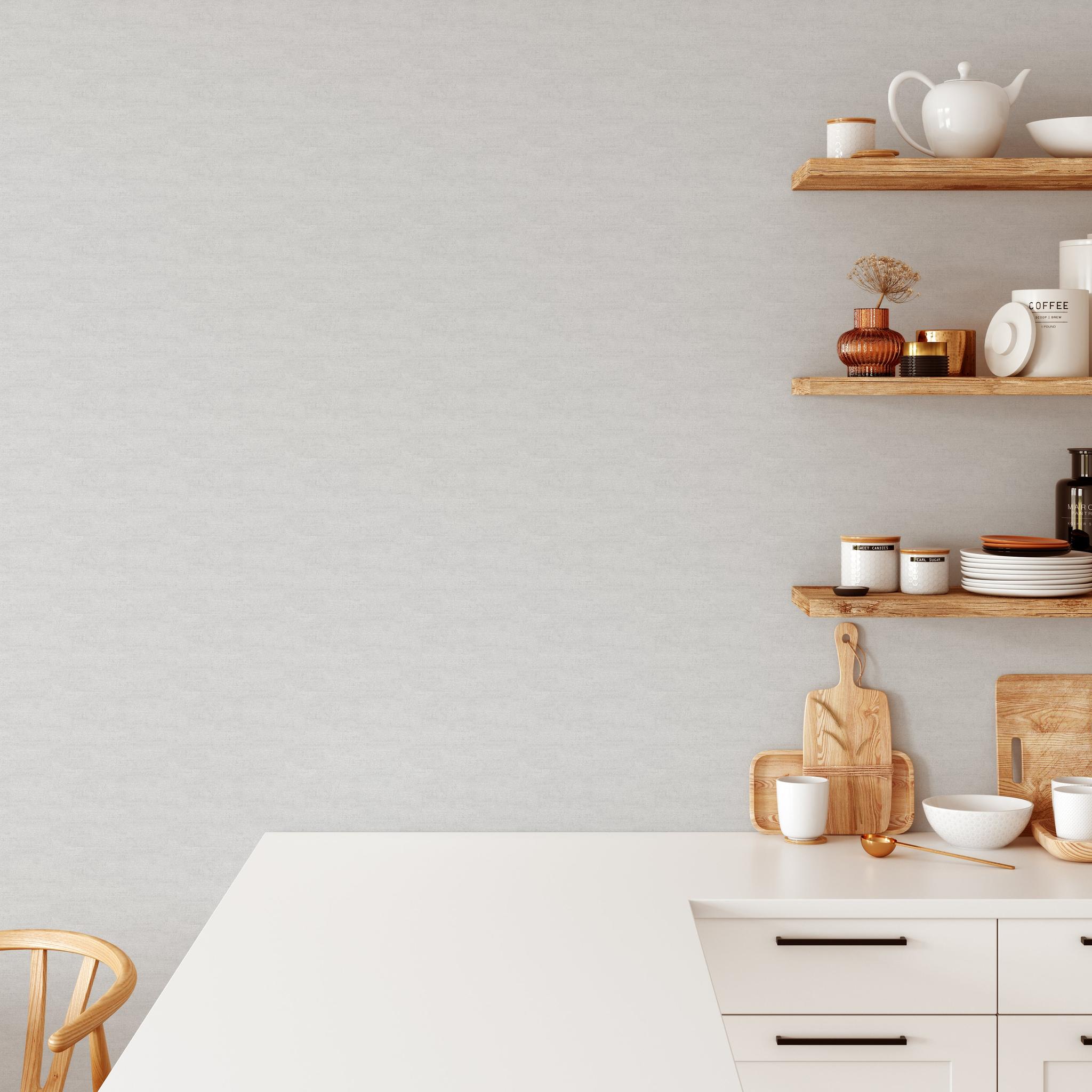 "Wall Blush's Carefree (Grey) Wallpaper in a modern kitchen setting, highlighting elegant and minimalist design."