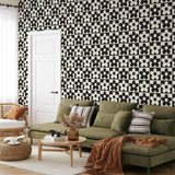 "Lizzie Wallpaper by Wall Blush showcasing a contemporary living room design with stylish floral pattern focus."