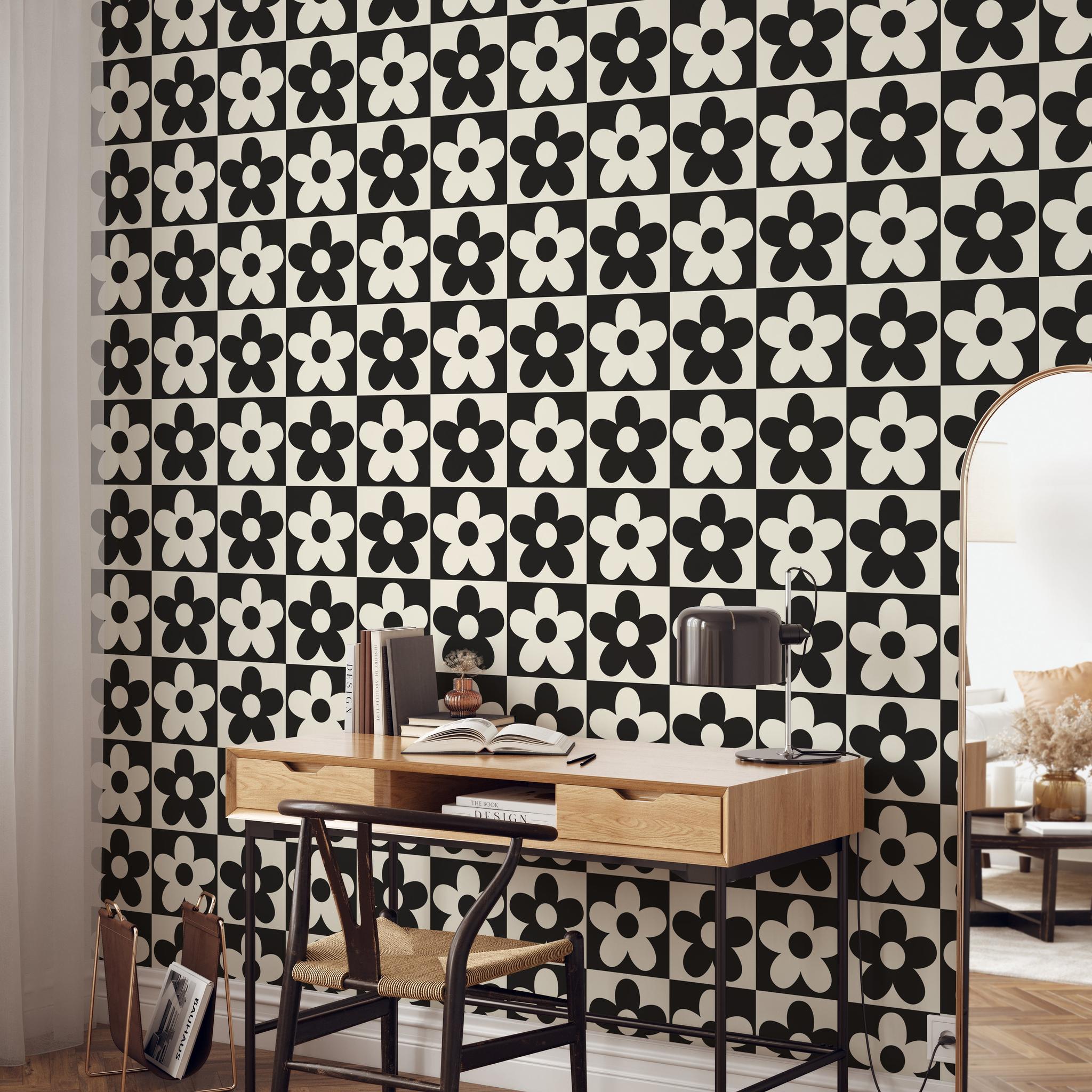 "Wall Blush Lizzie Wallpaper design in home office with modern desk and decor accents, showcasing bold patterns."