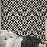 Lizzie Wallpaper by Wall Blush SG02 in a stylish bedroom, geometric pattern as focal point.
