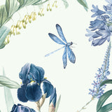 "Wall Blush's Fly Away with Me Wallpaper in a stylish living space, highlighting botanical and dragonfly motifs."