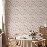 "Coco's Cottage Wallpaper by Wall Blush featured in cozy dining room, with floral design focus."