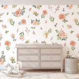 The Cosette - Floral Wallpaper by Wall Blush in a stylish nursery room, with elegant flower patterns.
