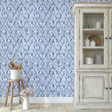 "Francesca Wallpaper by Wall Blush in a stylish kitchen, featuring elegant blue patterns as the focal point."