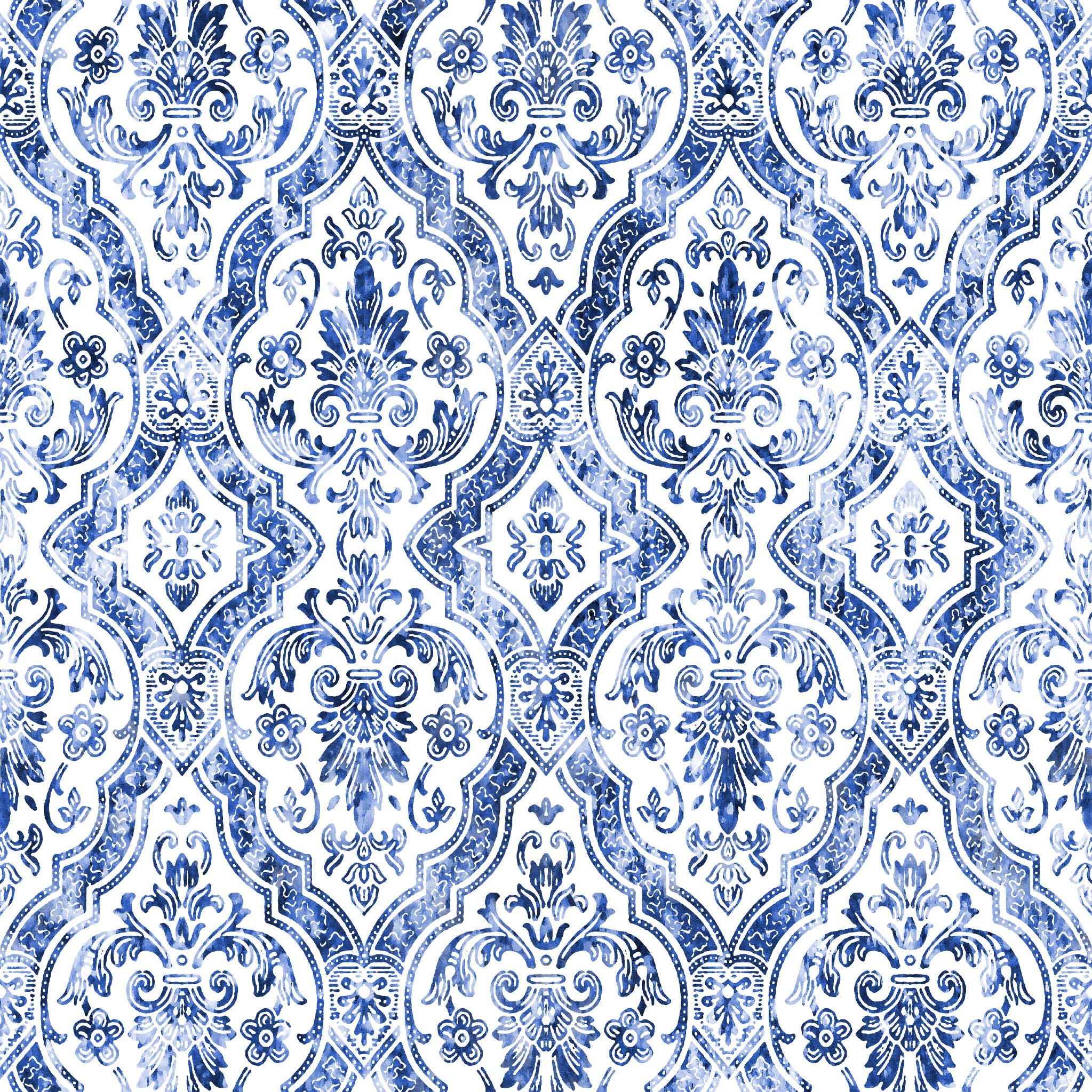 "Elegant Francesca Wallpaper by Wall Blush with blue decorative patterns installed in a modern living room."