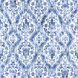 "Elegant Francesca Wallpaper by Wall Blush with blue decorative patterns installed in a modern living room."