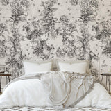 Daphne Wallpaper by Wall Blush SM01 in a stylish modern bedroom focusing on the floral wall design.

