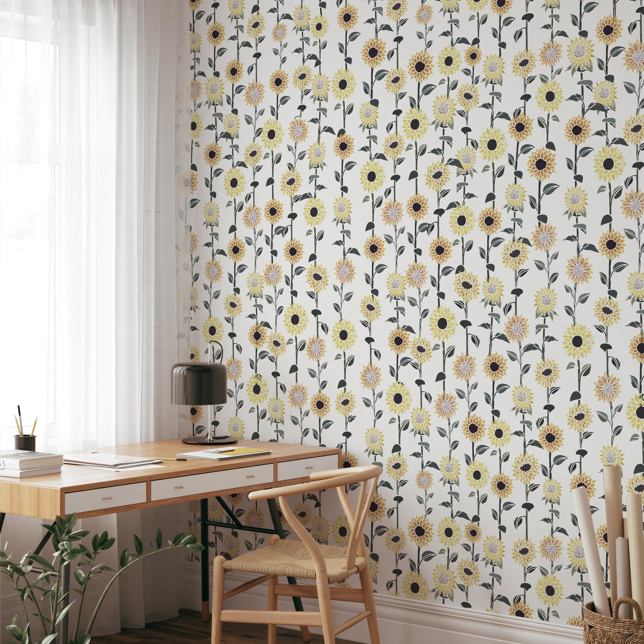 "Wall Blush's Darla Wallpaper in a serene home office, showcasing vibrant floral design as the centerpiece."