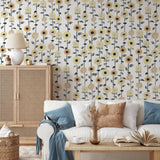 "Wall Blush's Darla Wallpaper featured in cozy living room, highlighting floral design and modern decor."