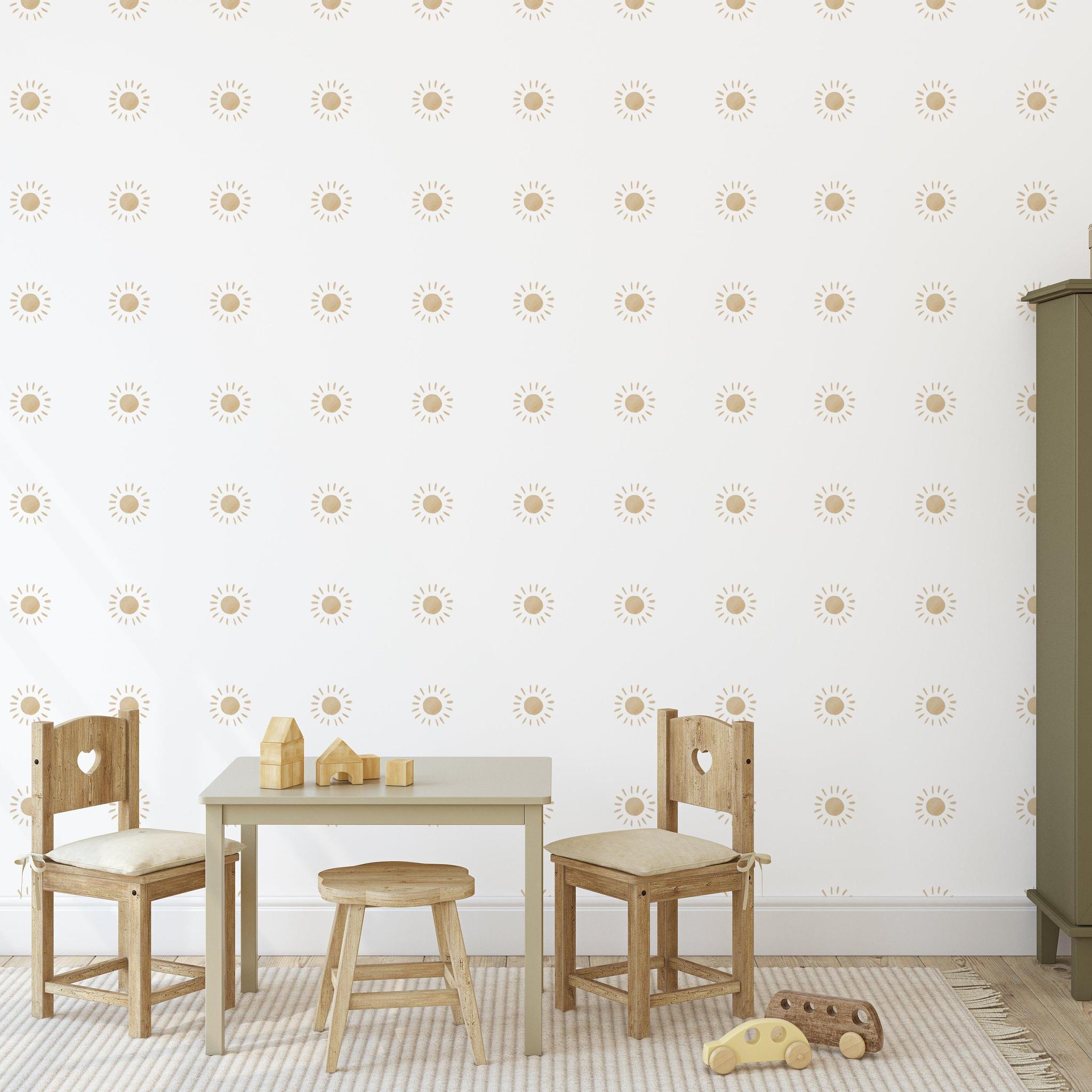 Dawn Wallpaper pattern by Wall Blush SG02 in a minimalist child's room with a focus on the wallpaper design.
