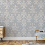 Little Debbie's Damask Wallpaper in elegant living room by The 7th Haven Interiors Line.
