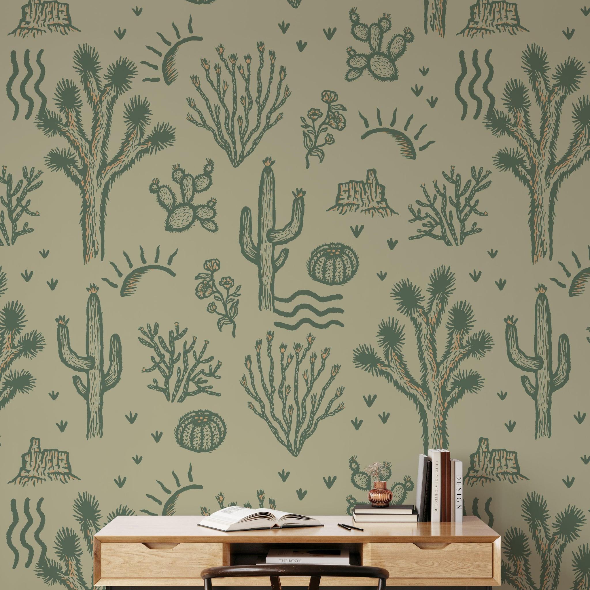 The Rayco Line's Desert Dreamer (Green) Wallpaper in a stylish home office setting, highlighting the unique design.

