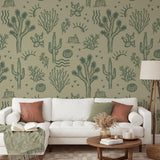 "Wall Blush 'Desert Dreamer (Green) Wallpaper' in a cozy living room setting, highlighting the wall decor focus."