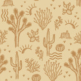 "Wall Blush's Desert Dreamer (Orange) Wallpaper in a stylish room, showcasing cactus-themed decor focus."