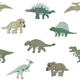 "Wall Blush Saurus Wallpaper featuring dinosaur illustrations in a children's bedroom, adding a playful touch to the decor."