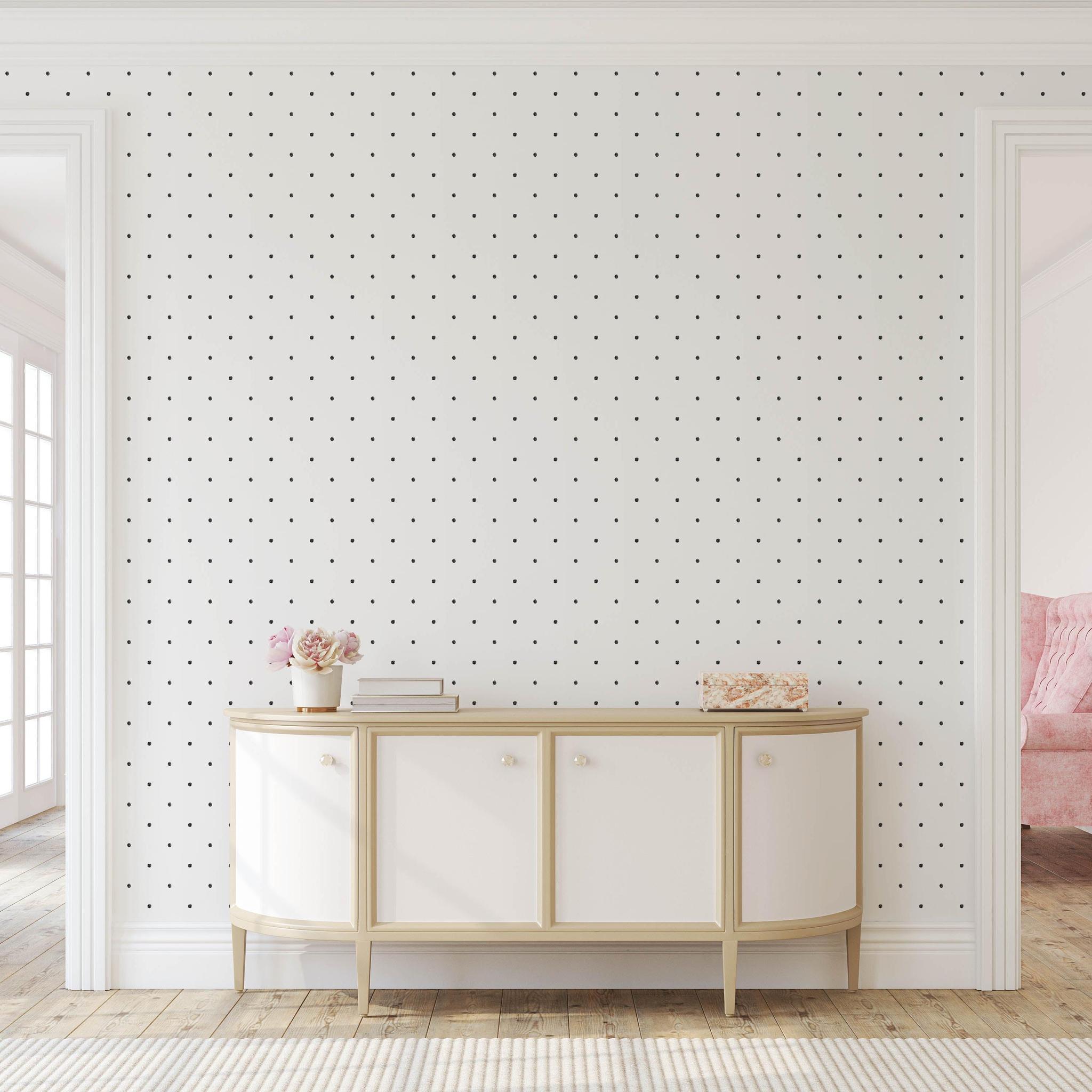 Doodle Dot Wallpaper by Wall Blush in elegant living room, showcasing stylish polka dot design focus.
