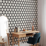 "Wall Blush Bejewel Wallpaper showcased in a modern home office setting, highlighting style and design."