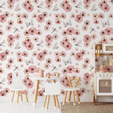 Wall Blush's Dragonlily (White) Wallpaper in a stylish playroom with whimsical decor accents.
