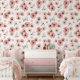 Wall Blush Dragonlily (White) Wallpaper in cozy bedroom with twin beds and stylish decor.
