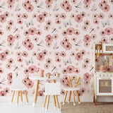Wall Blush's Dragonlily (Blush) Wallpaper in a charming children's playroom, highlighting elegant floral pattern.
