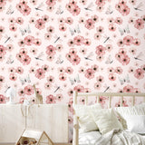 Cozy bedroom showcasing the floral Dragonlily (Blush) Wallpaper by Wall Blush with natural light.
