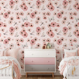 Chic Dragonlily (Blush) Wallpaper by Wall Blush in stylish bedroom, highlighting trendy floral design.
