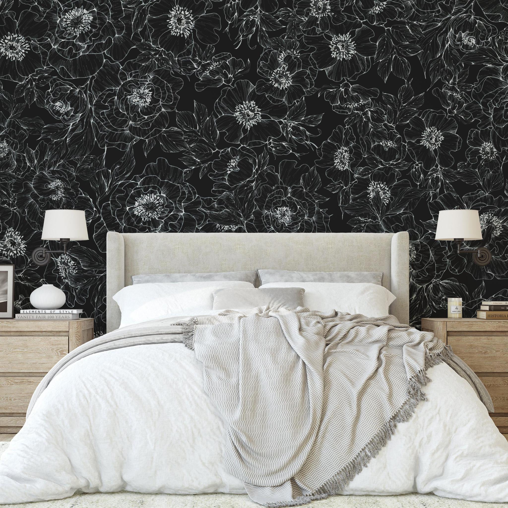 Dutchess Black wallpaper from Ania Zwara Line enhancing a bedroom's elegance with floral design.
