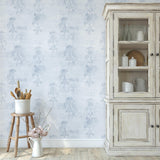 "Fancy French Wallpaper by Wall Blush in cozy kitchen setting with rustic wooden decor and cabinetry."