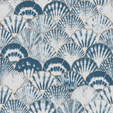 "Maris Wallpaper by Wall Blush featuring blue seashell pattern in a coastal-style room decor, emphasizing texture and color."