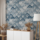 "Maris Wallpaper by Wall Blush in a cozy living room, showcasing its vivid patterns and textures as the focal point."