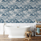 "Maris Wallpaper by Wall Blush in a modern bathroom setting, blue and white pattern focusing on the wall decor."