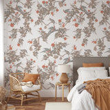 "Wall Blush Florence Wallpaper enhancing a cozy bedroom, elegant botanical design focus"