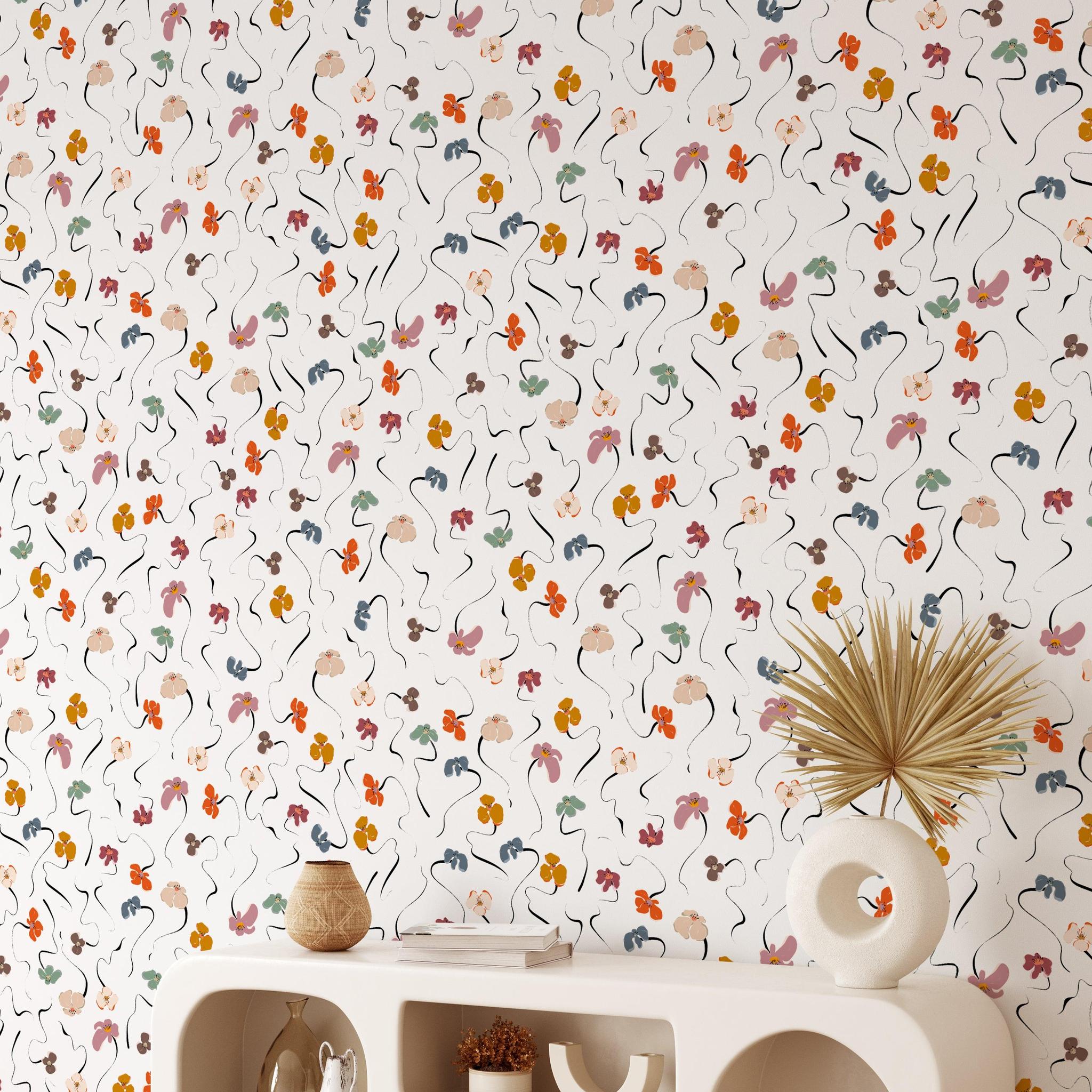 Dream On Wallpaper by Wall Blush SG02 in a stylish living room setting, featuring vibrant botanical pattern as the focal point.
