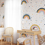 Wall Blush's Funfetti Wallpaper in a stylish modern home office, with vibrant design and playful patterns.