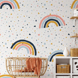Wall Blush Funfetti Wallpaper featuring colorful patterns in a stylish child's bedroom, highlighting playful wall decor.
