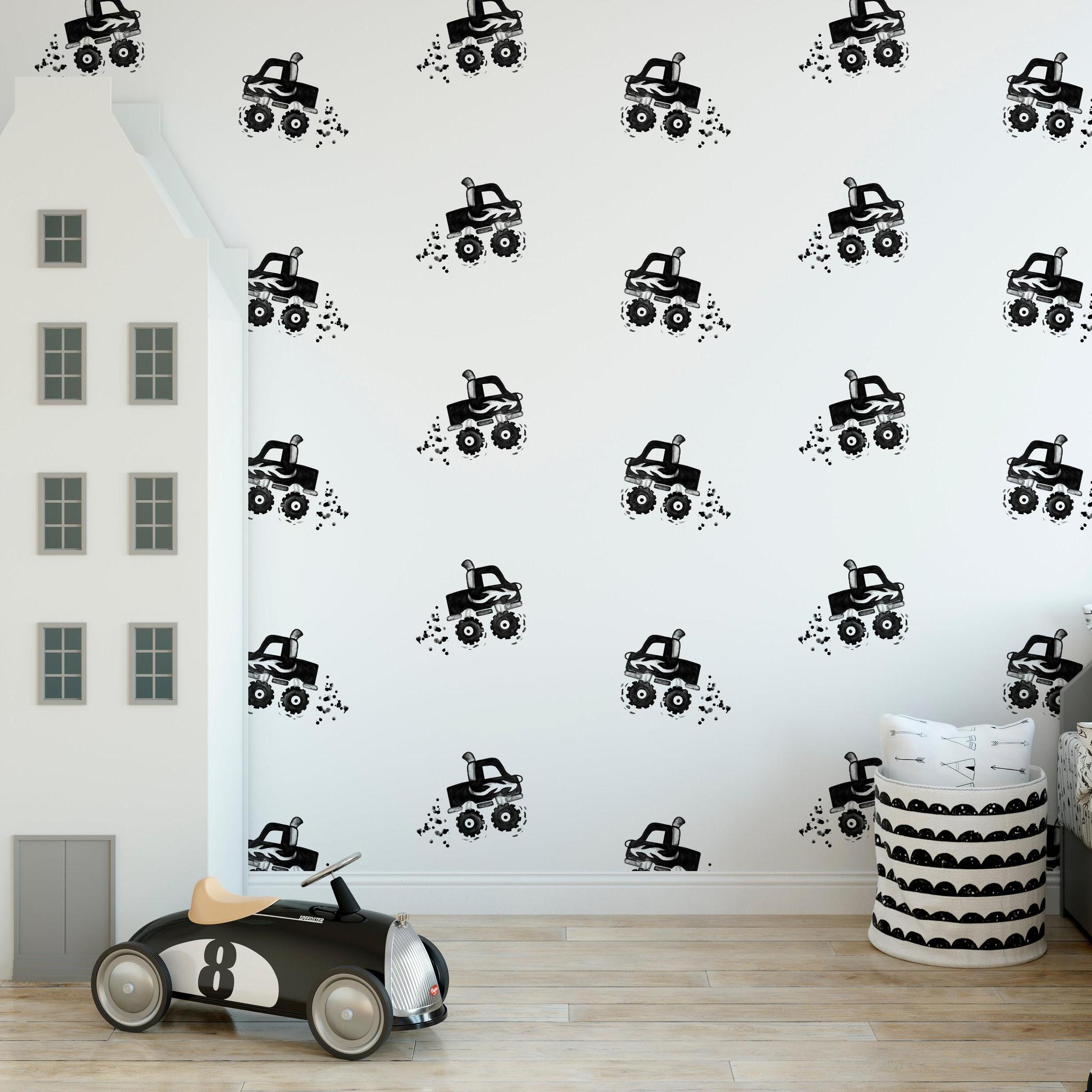 Gimme Some Speed Wallpaper by The Minty Line in a stylish child's bedroom, focusing on the playful wall decor.
