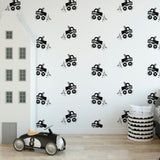 Gimme Some Speed Wallpaper by The Minty Line in a stylish child's bedroom, focusing on the playful wall decor.
