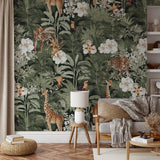 "Tanzania (Green) Wallpaper by Wall Blush in a cozy living room setting with stylish furniture and decor."
