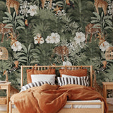 Tanzania Green Wallpaper by Wall Blush SG02 in a cozy bedroom with a focus on the vibrant wall decor.
