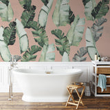 "Haleiwa Wallpaper by Wall Blush, tropical design in elegant bathroom, highlighting stylish wall decor focus"