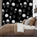 Hoops Wallpaper by Wall Blush SM01 in a stylish bedroom, accentuating the decor with a sporty theme.
