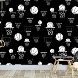 Hoops Wallpaper by Wall Blush SM01 in a stylish child's room, with basketball-themed decor, emphasizing focus on wallpaper.
