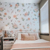 Alt: The Cosette - Floral Wallpaper by Wall Blush enhancing a cozy bedroom, focus on elegant botanical design.
