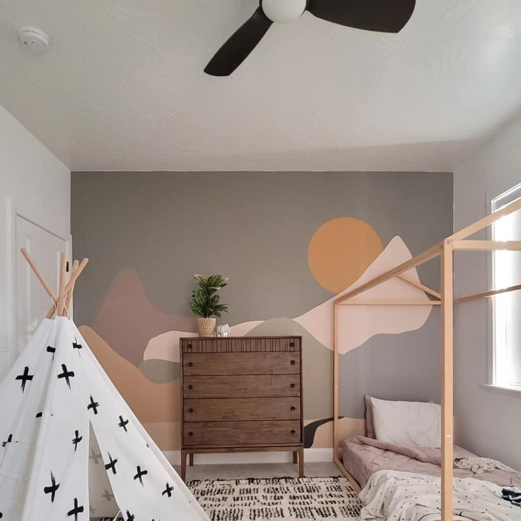 Wall Blush Journey Wallpaper in a stylish, modern kids' bedroom, showcasing creative wall decor focus.
