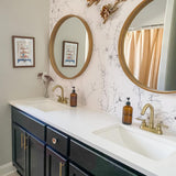 "Lined Meadow Wallpaper by Wall Blush featured in elegant bathroom interior showcasing stylish decor accents."