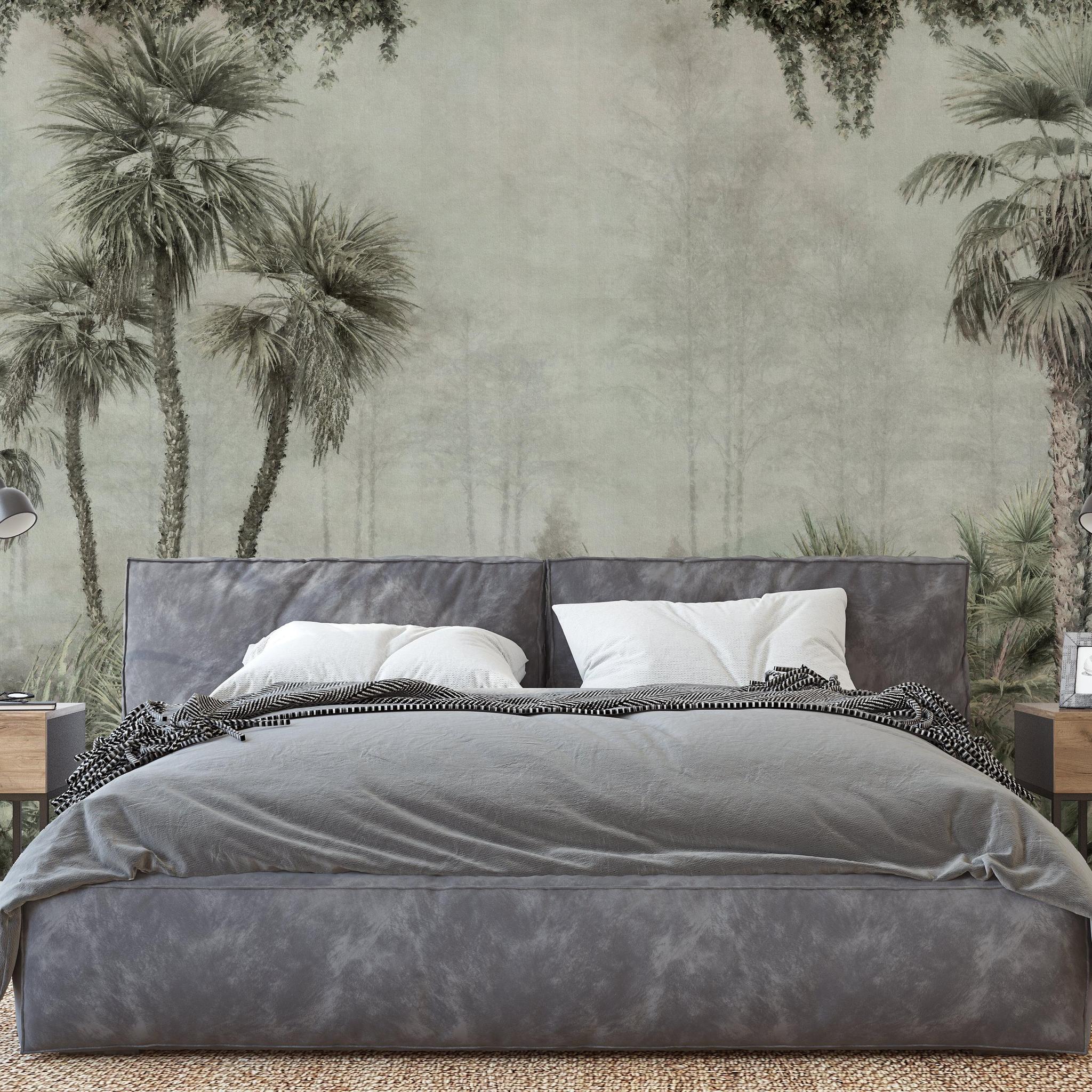 Mowgli Wallpaper from Wall Blush enhancing the serene bedroom ambiance, with a focus on the tropical design.
