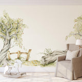 Glade Wallpaper by Wall Blush SG02 featuring pastoral tree design in a cozy living room setting.
