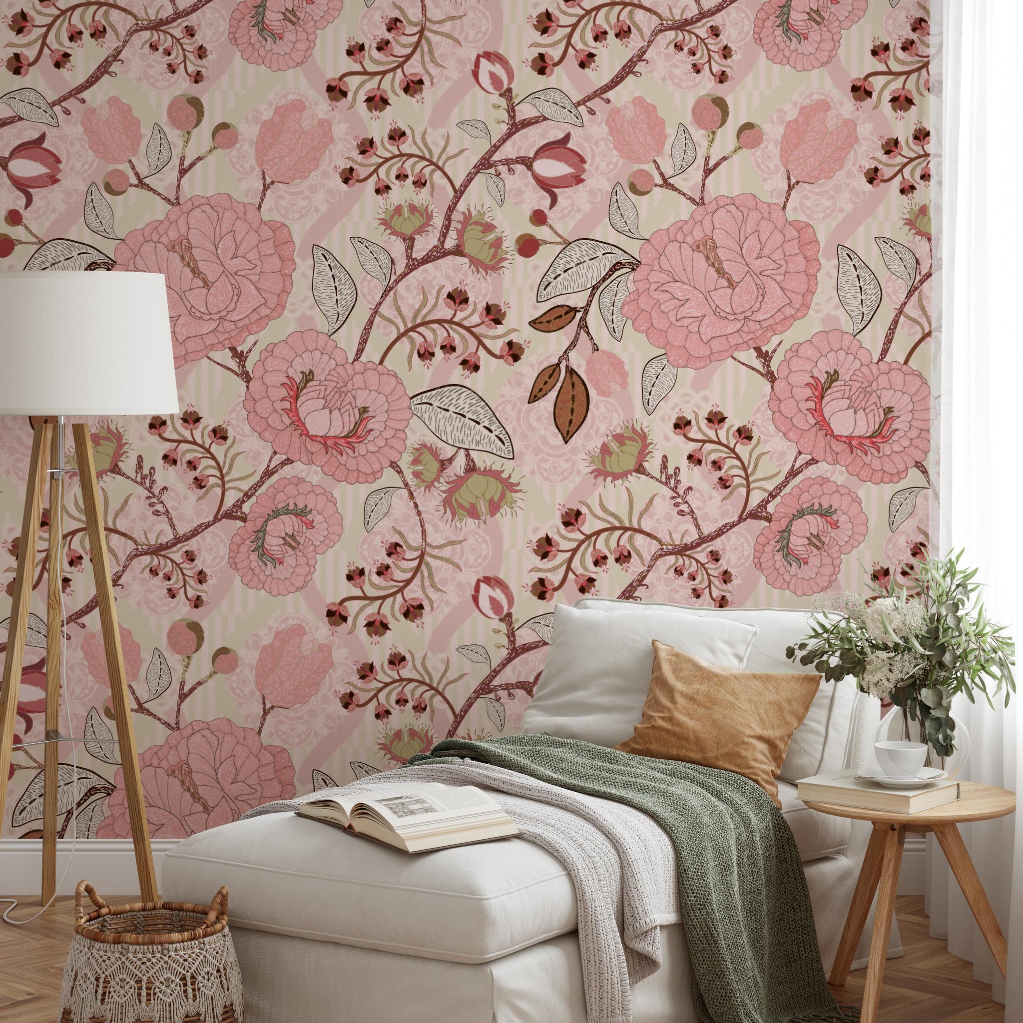 "Cozy bedroom featuring Wall Blush's Vivian Wallpaper with floral design in a well-decorated room."